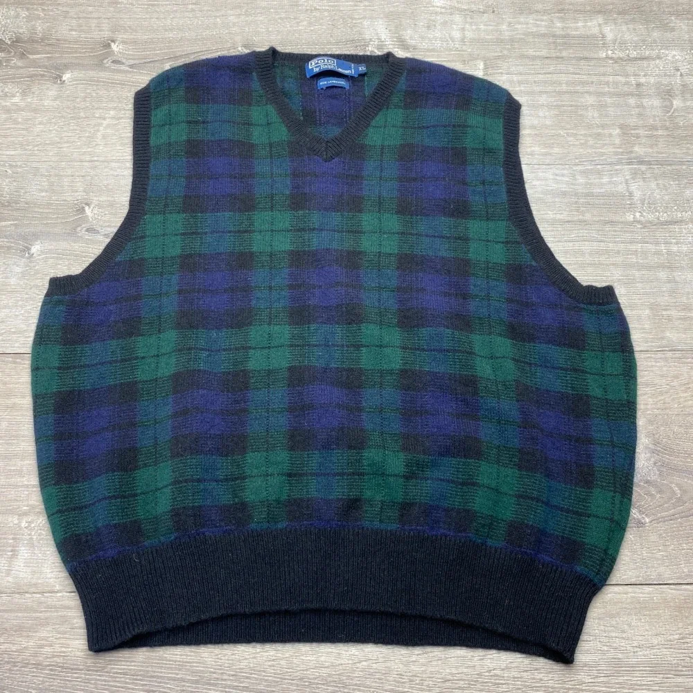 Polo Ralph‎ Lauren Sweater Vest Mens XL Blue Green Plaid 100% Lambswool V-Neck
